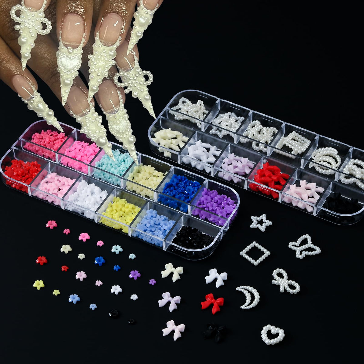 Different shapes of 3D nail charms including stars and hearts