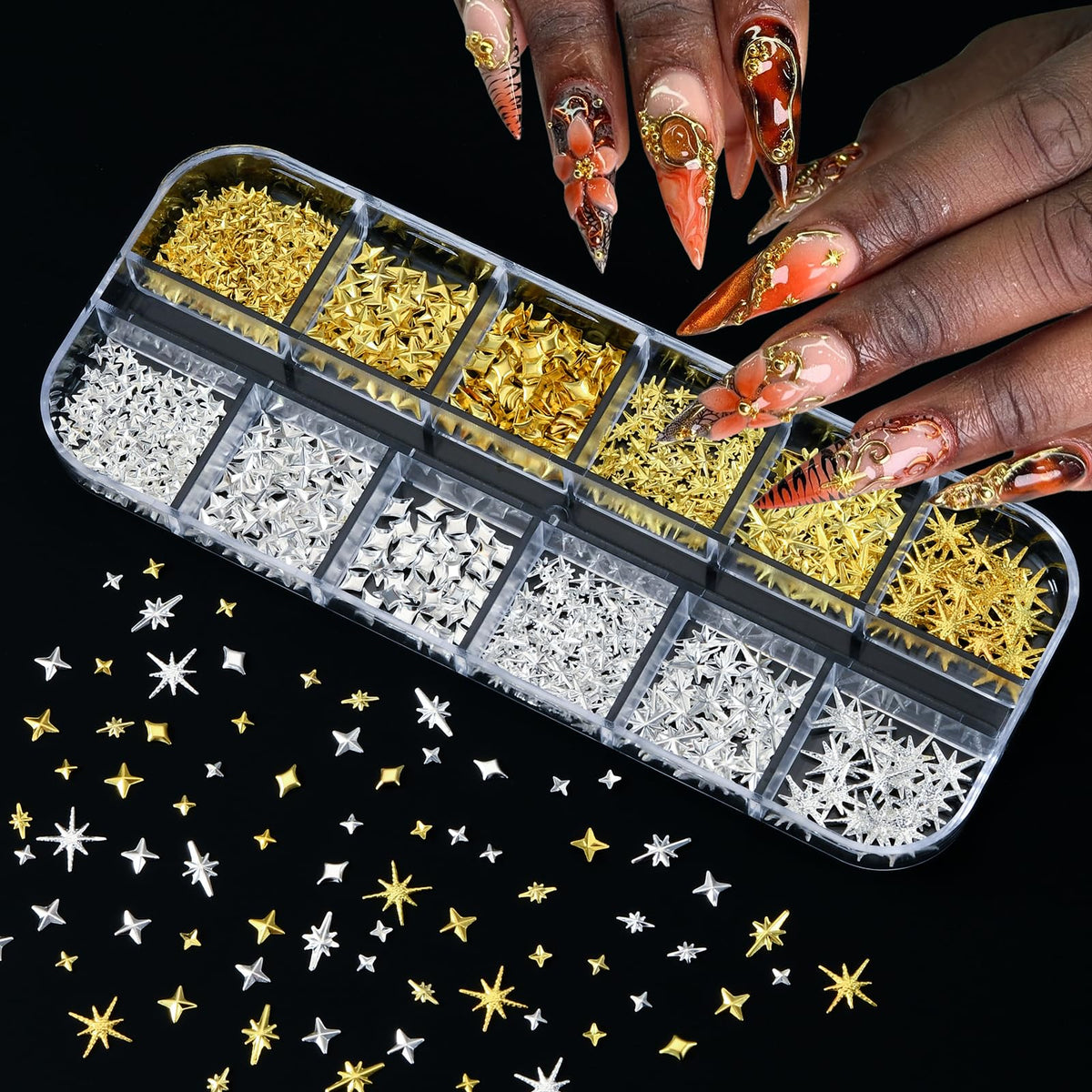 Arrangement of nail jewels and acrylic charms in storage boxes