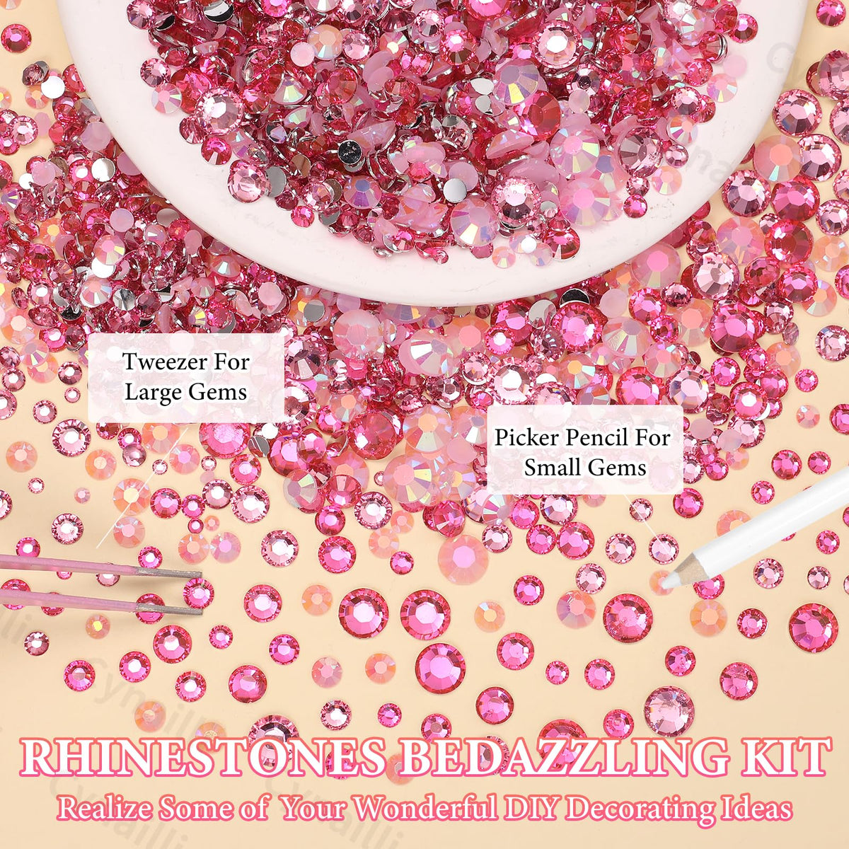 Tools included: tweezers and pickup pen for rhinestones