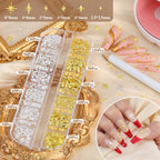 Close up view of star shaped metallic nail art gems and caviar beads