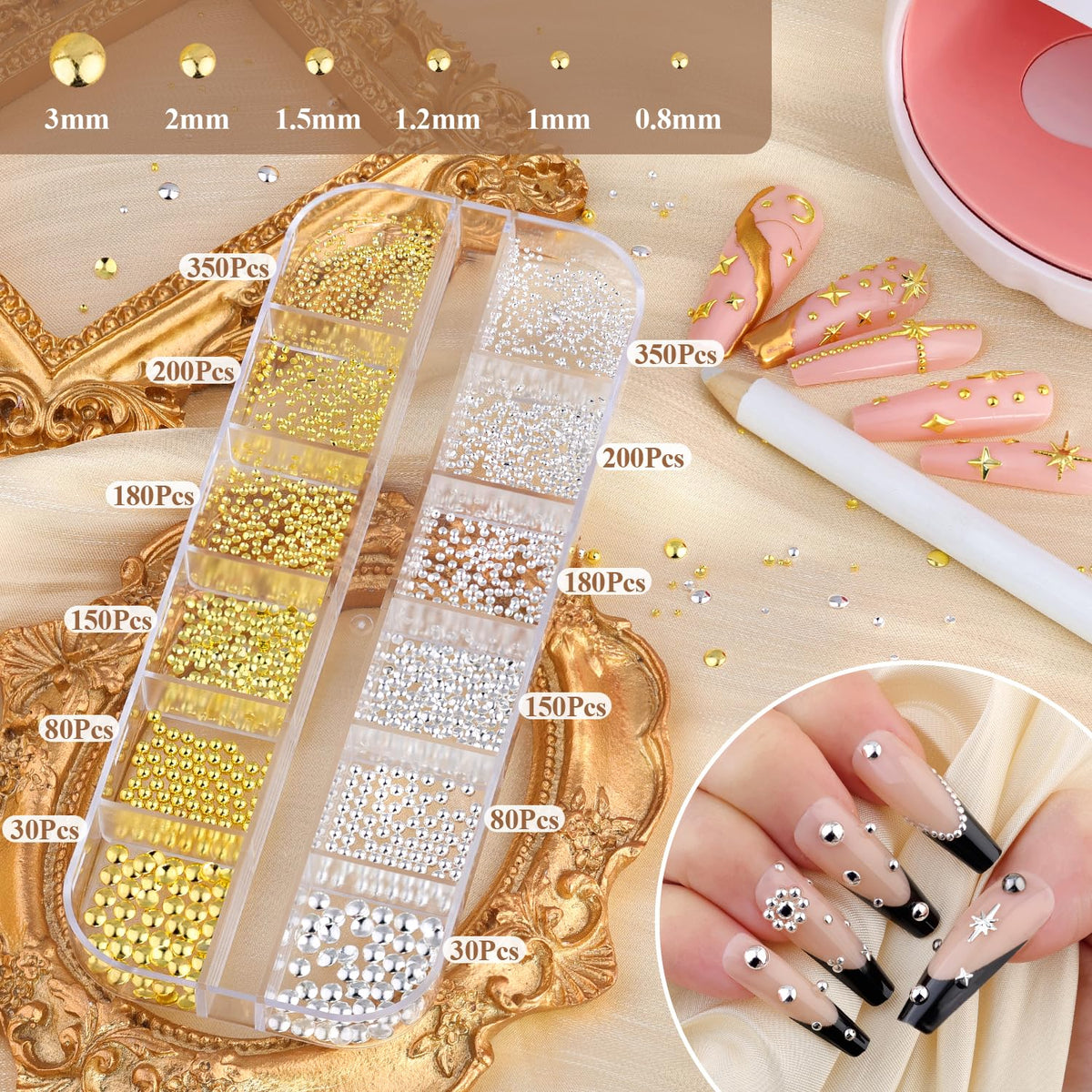 Belleboost nail charms kit featuring 12-grid organizer box and tools