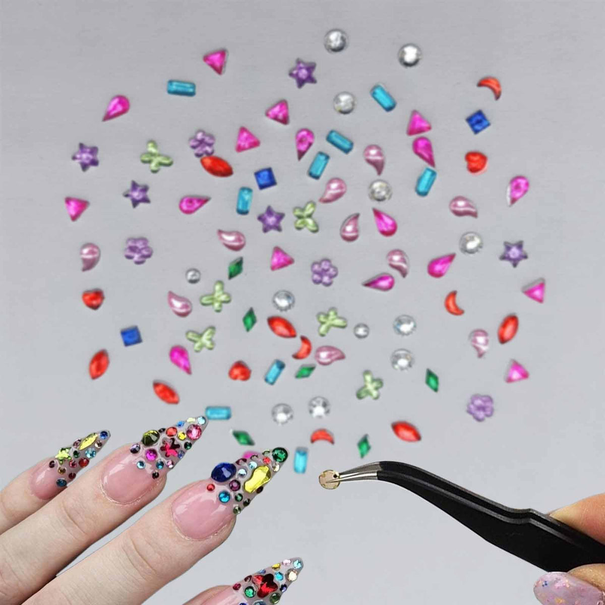 Collection of various geometric and floral nail art diamonds