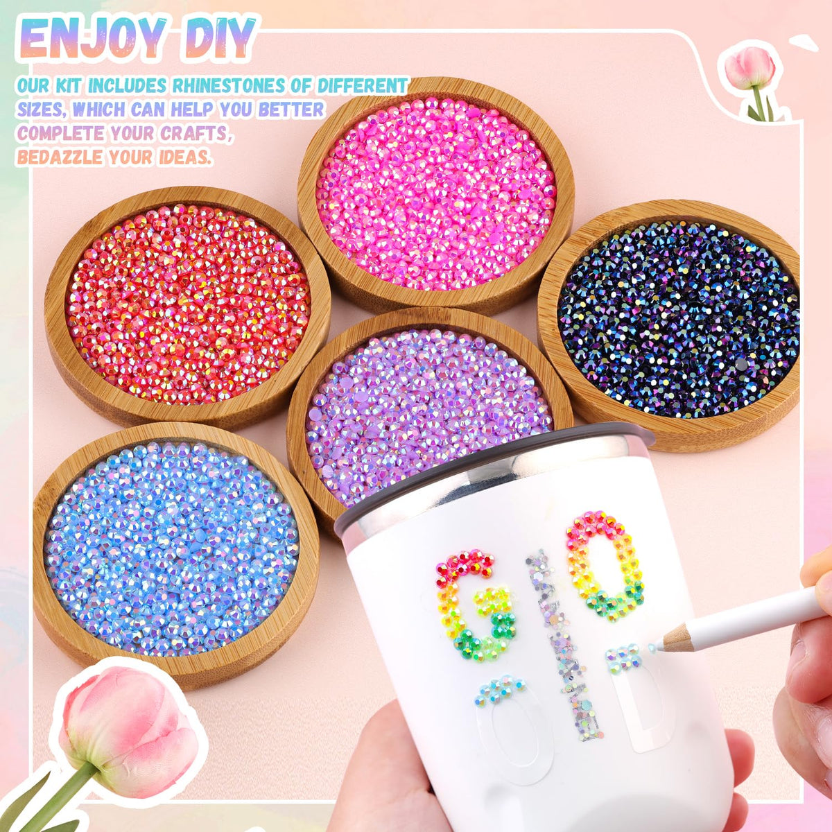 Various colors of resin rhinestones displayed for DIY craft projects
