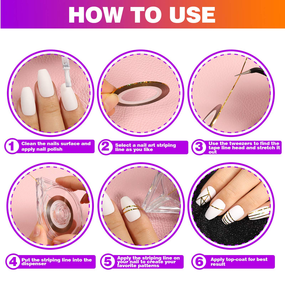 Professional nail art designs created with Fandamei tapes
