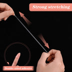 Clear double sided nail display strips securing fake nail tips inside an art storage box