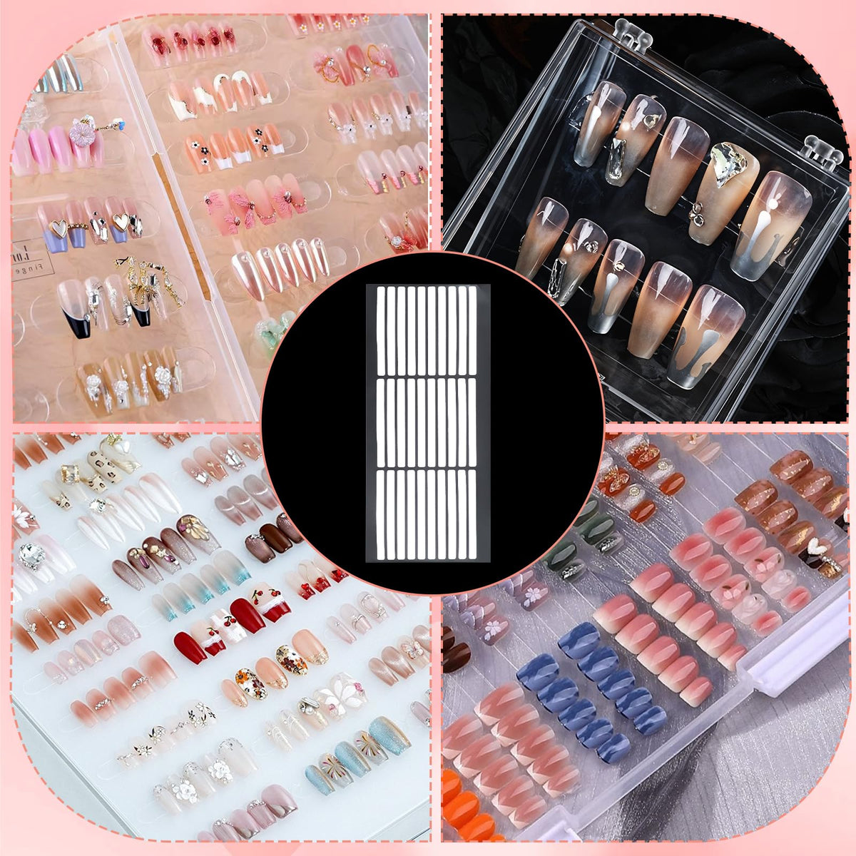 Residue free double sided adhesive tabs used for showcasing custom false nail designs