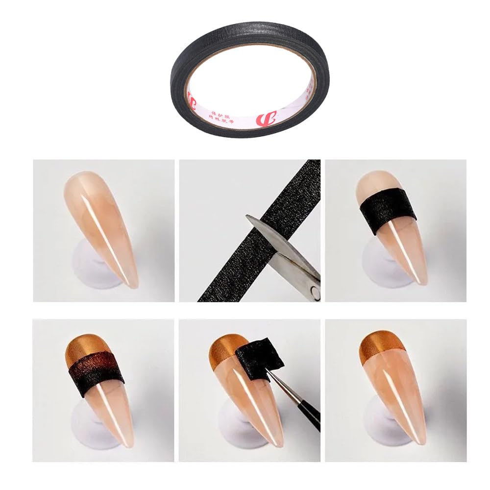 NentMent black masking tape being used as a sharp geometric nail art striping guide alongside gel polish bottles.
