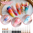 Detailed graphic demonstrating a fine line drawing design being executed on a gel manicured nail