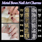 Premium silver alloy ribbon charms displayed on stylish Y2K acrylic nails.