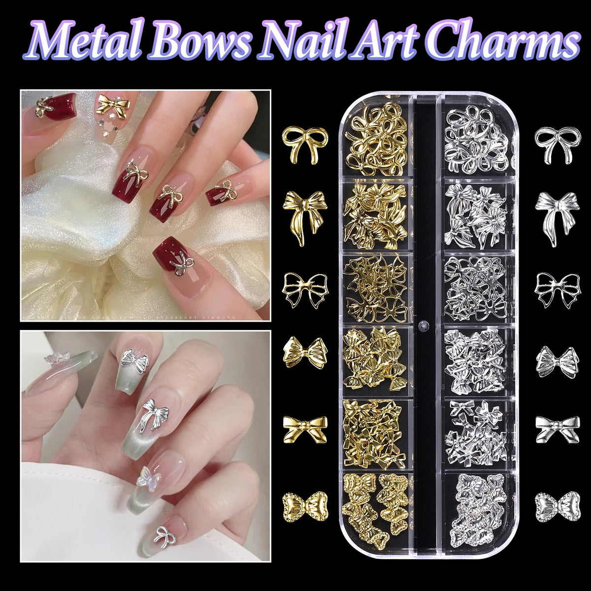 Premium silver alloy ribbon charms displayed on stylish Y2K acrylic nails.