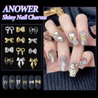 Different styles of mini bow tie nail art decorations arranged on a neutral background.