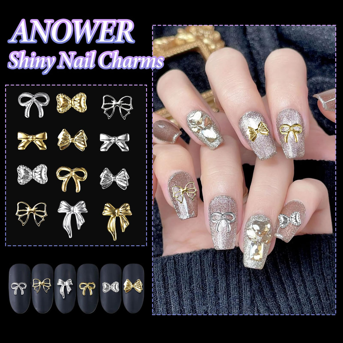 Different styles of mini bow tie nail art decorations arranged on a neutral background.