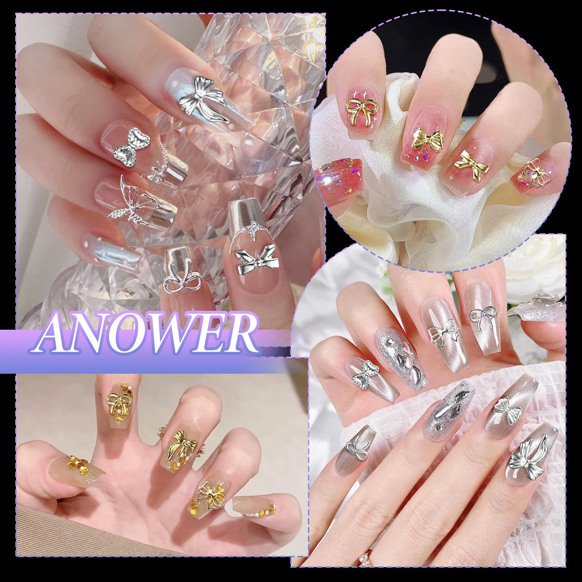 Trendy coquette style manicure inspiration featuring gold and silver mixed media nail art.