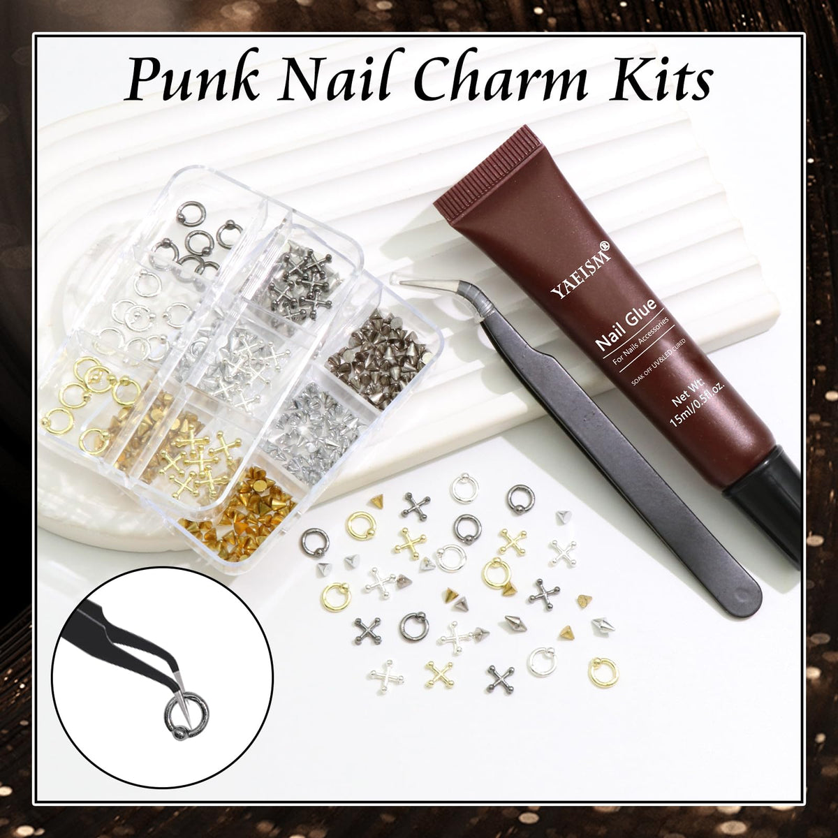 High fashion manicured hands featuring 3D vintage alloy spike designs and cross embellishments.