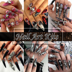 Packaging layout of the complete YAEISM nail art studs set with charms glue and application tweezers.