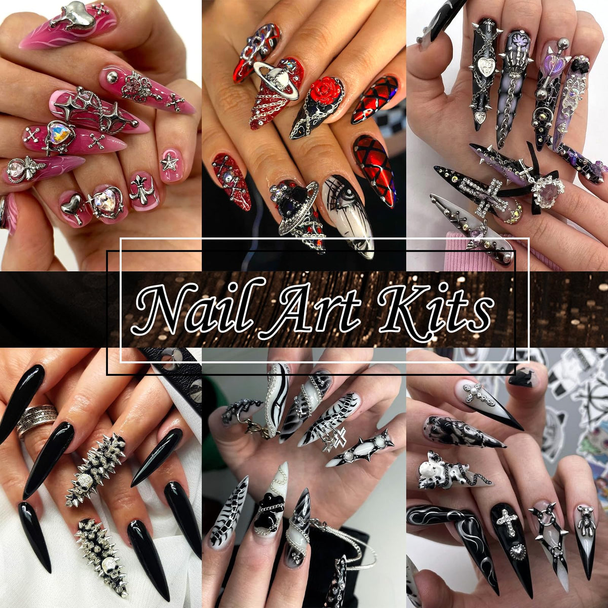 Packaging layout of the complete YAEISM nail art studs set with charms glue and application tweezers.