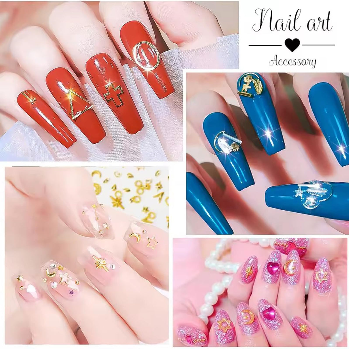 Hand showing manicure with gold and silver 3D nail studs