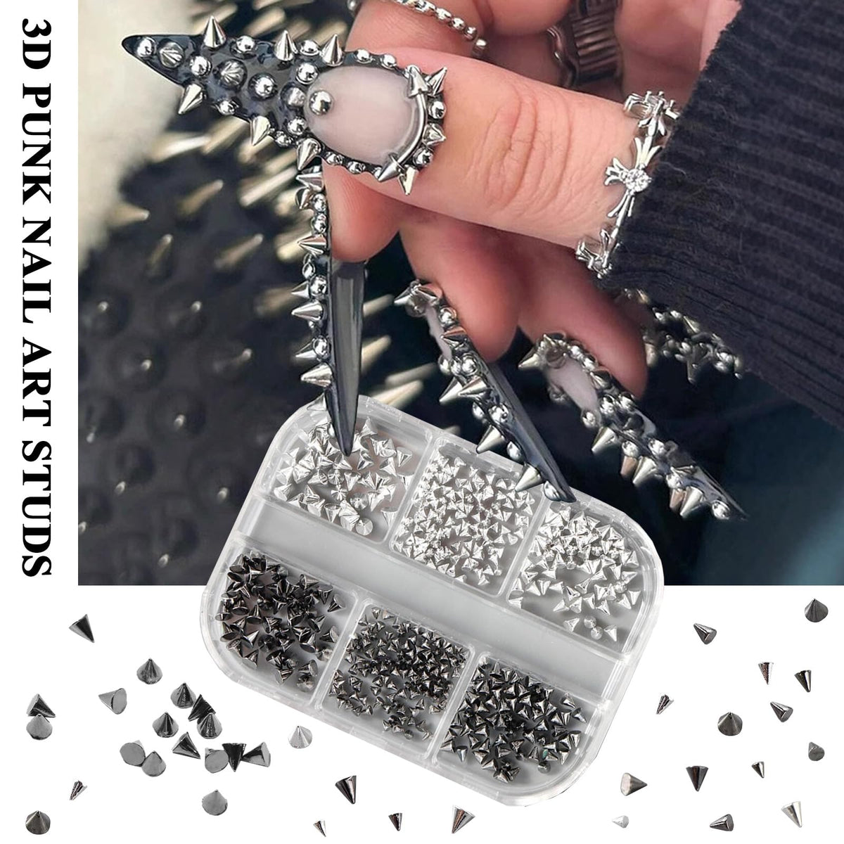 WOKOTO geometry metal nail studs detailing star and moon shapes alongside precision application tweezers.