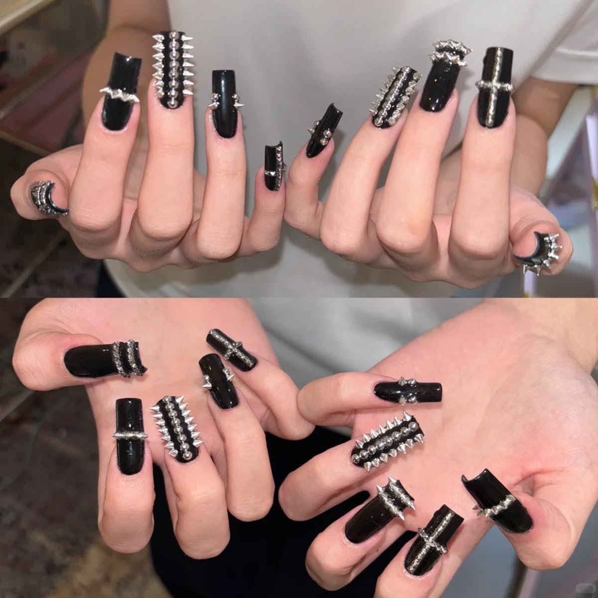 Example of edgy punk style manicure using Tatiwoo studs