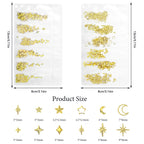 Close up view of multi sizes golden star and moon nail art gems on manicured acrylic nails