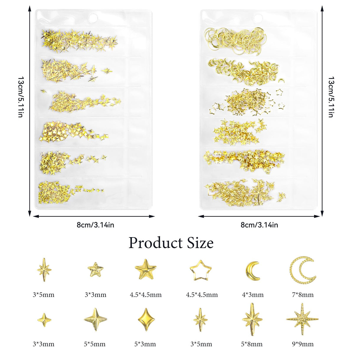 Close up view of multi sizes golden star and moon nail art gems on manicured acrylic nails