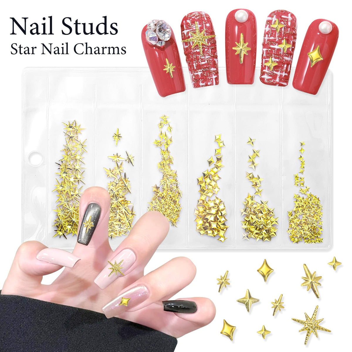 Assorted 12 grid metal nail charms including gold stars crescent moons and cross shapes