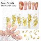 Step by step application of 3D gold celestial studs on gel nail polish extension