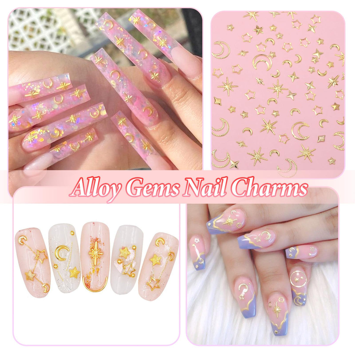High shine gold toned alloy stars and moons nail decorations flat lay arrangement