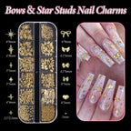 Assorted gold alloy nail studs featuring bowknots and hearts close up view