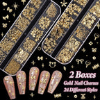 Two boxes of non hotfix flatback gold rivet nail decorations overhead angle