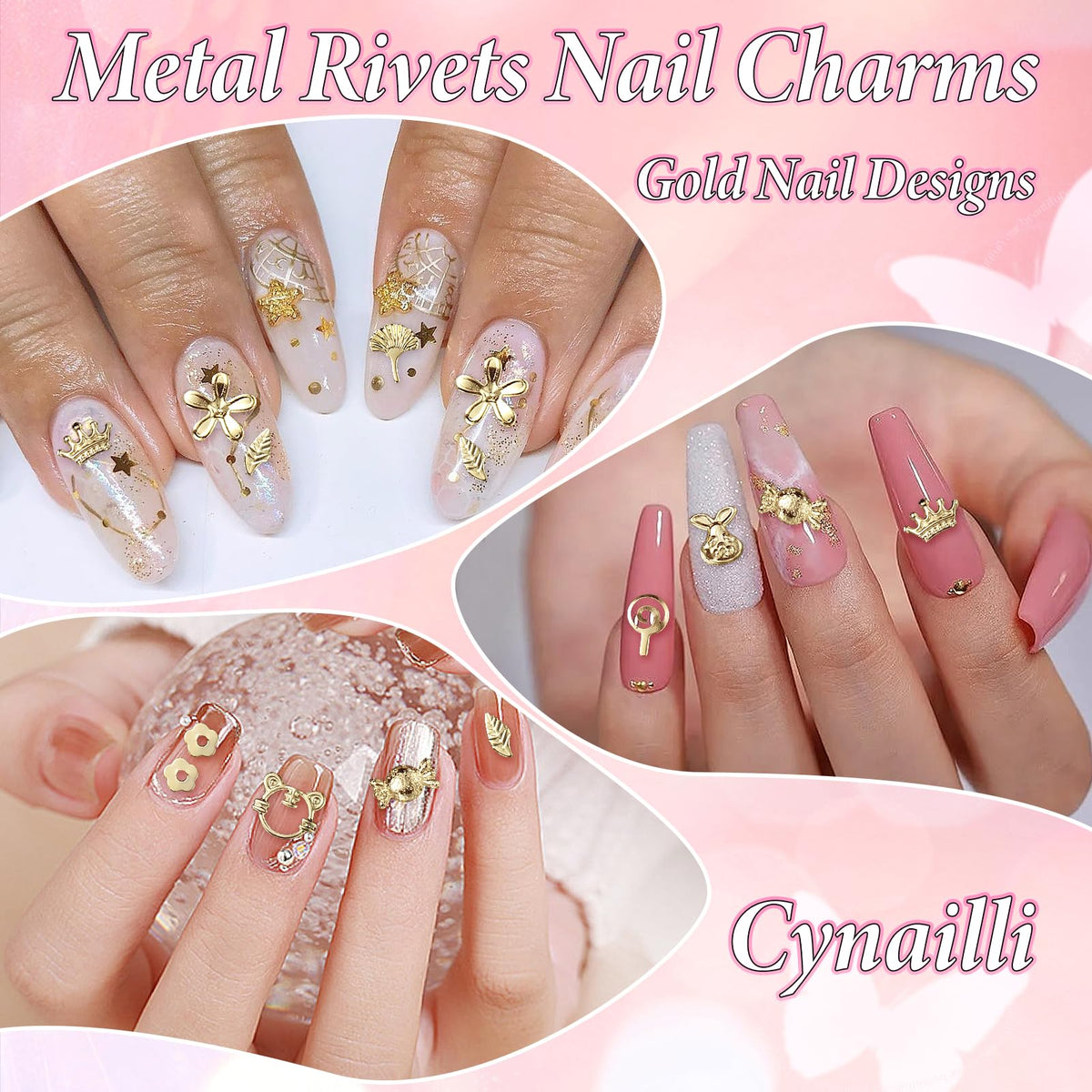 Cynailli mixed metal nail art studs packaging layout showing diverse shapes