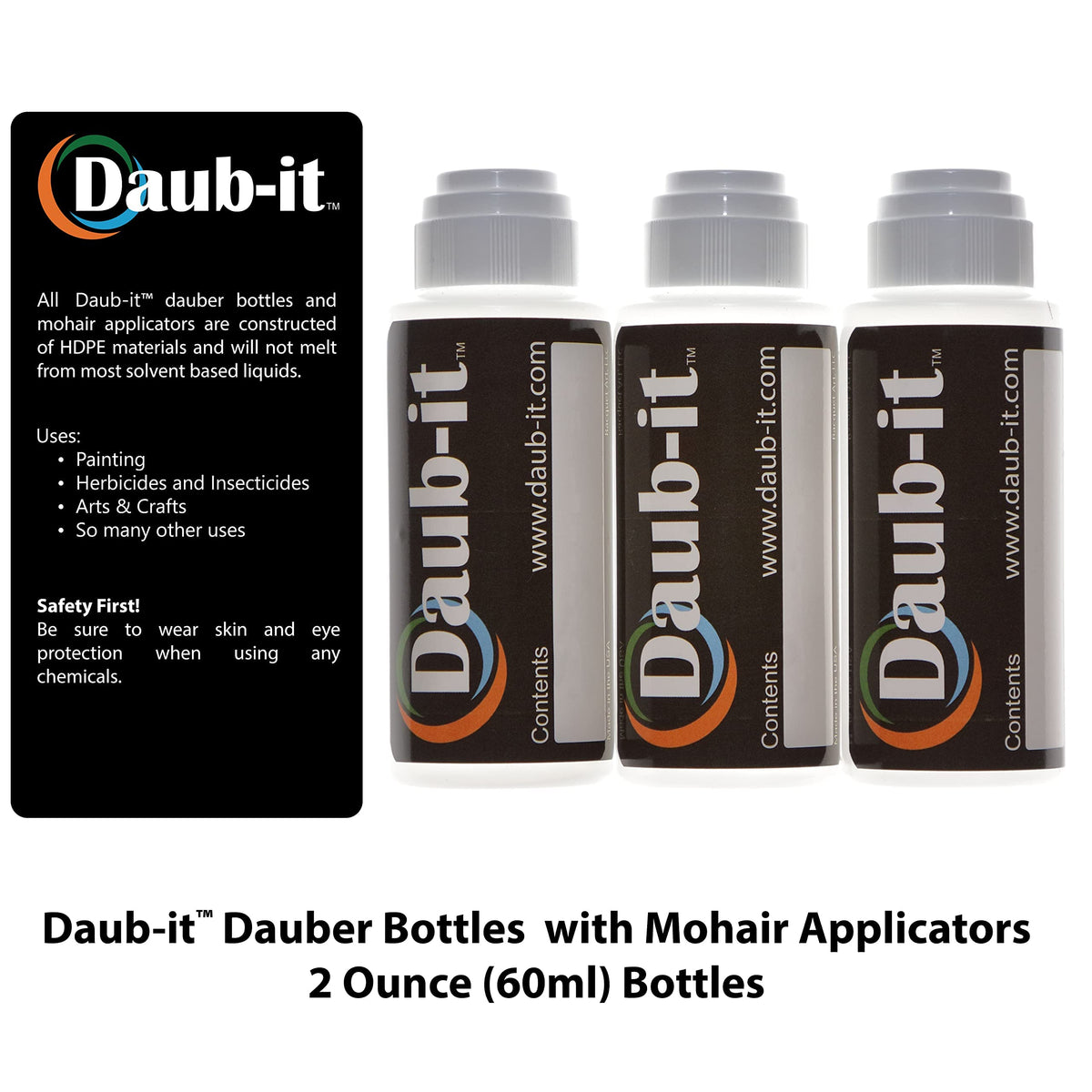 Three High Density Polyethylene two ounce bottles with mohair dauber tips detached.