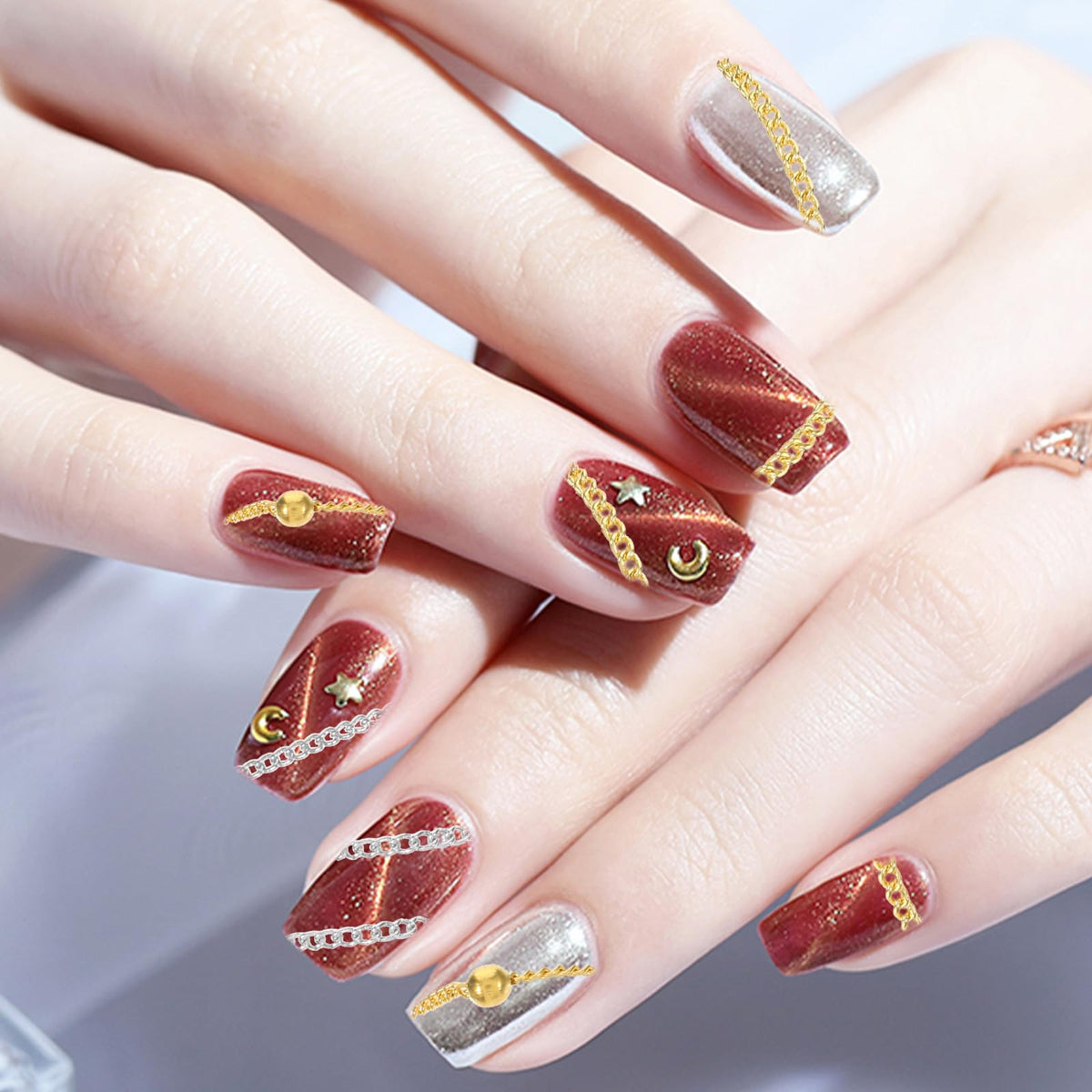 Variety of nail chain styles and textures for manicure