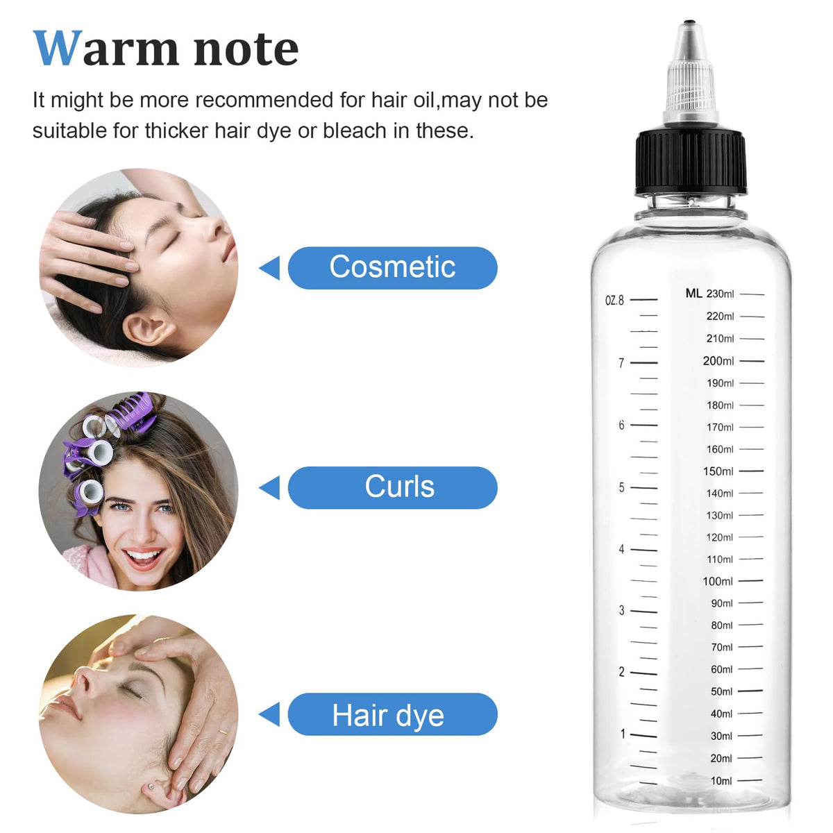 Leak proof twist cap mechanism on the SynHHergyx 8.5 Ounce hair oil dispenser.