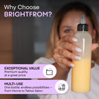 BRIGHTFROM clear squeeze bottle being handled to show the flexible material for easy product dispensing