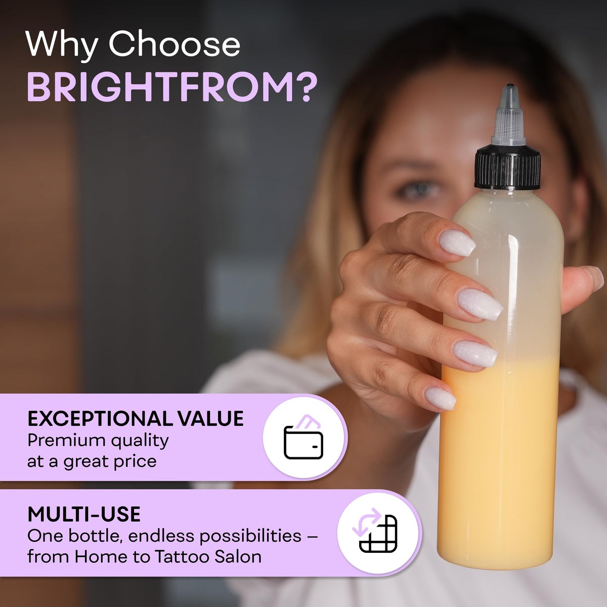 BRIGHTFROM clear squeeze bottle being handled to show the flexible material for easy product dispensing