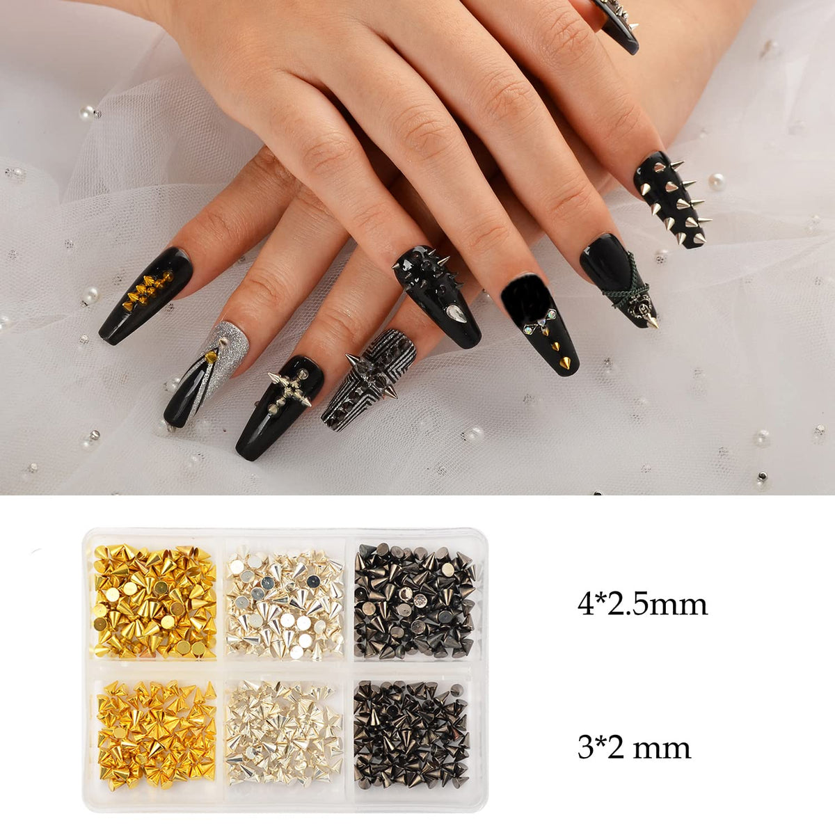 Close up view of miniature three millimetre alloy rivet studs for detailed manicure styling