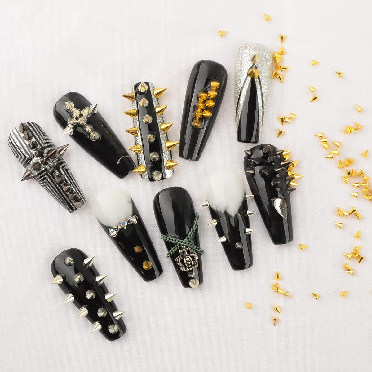 Six separate storage jars containing flatback metallic cone spike decorations for custom crafts