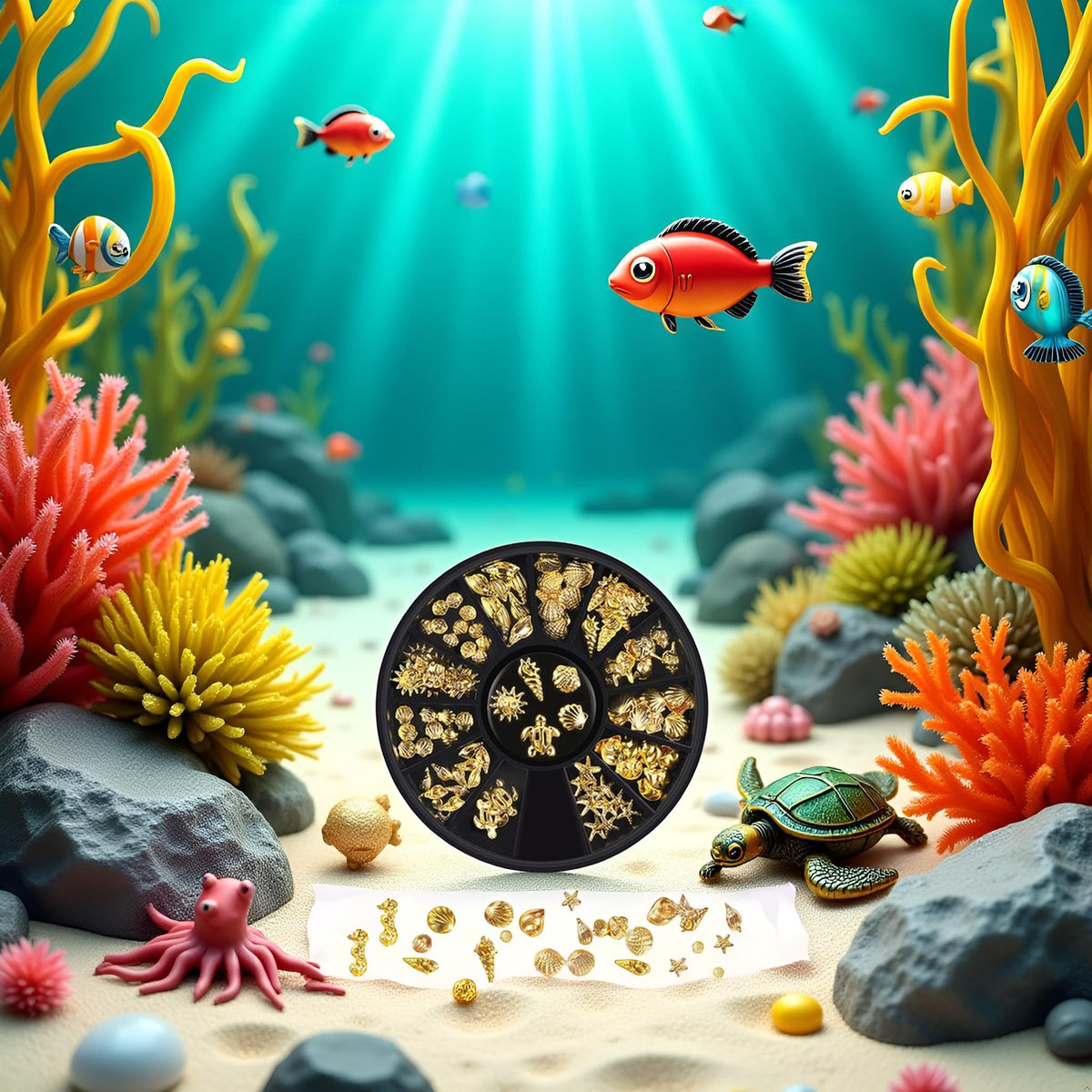 Detailed view of textured gold seahorse and geometric 3D pieces for DIY manicure decoration.