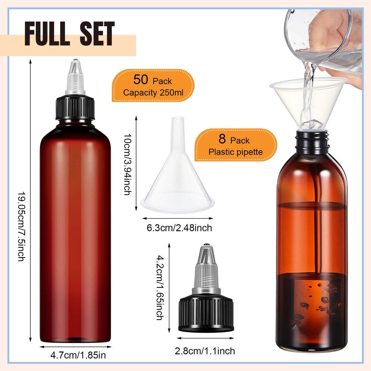 Barydat 36 pieces empty plastic hair oil bottles with 6 plastic funnels