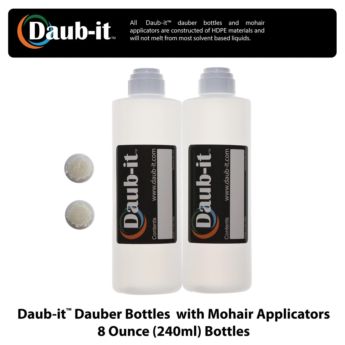 Close up view of the premium mohair dauber applicator tip on the eight ounce refillable craft bottle.
