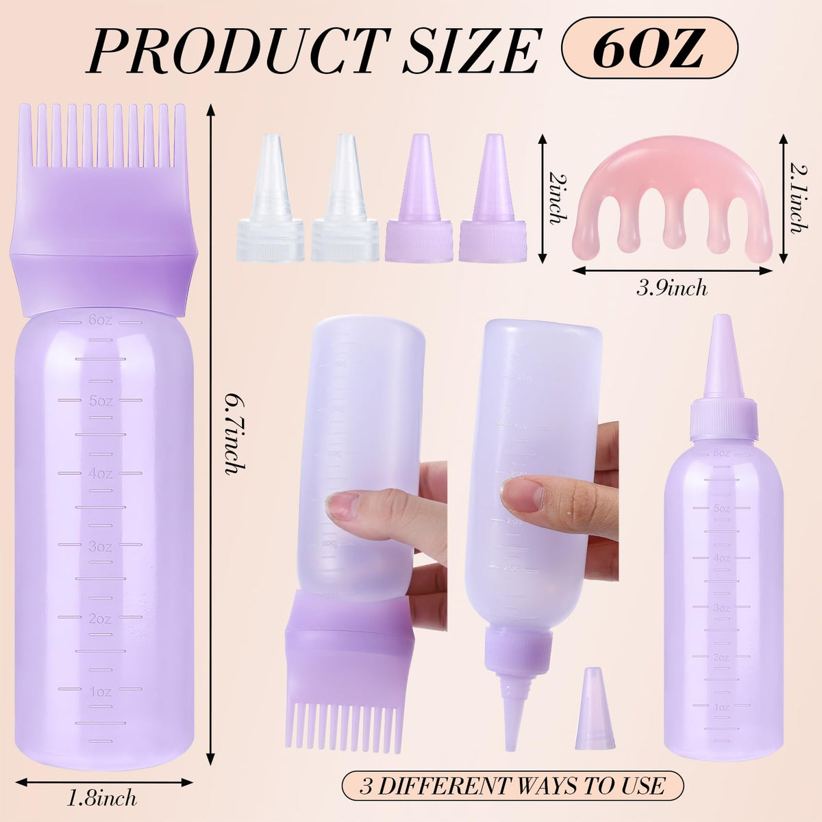 Root comb applicator bottle with six ounce graduated measurement scale