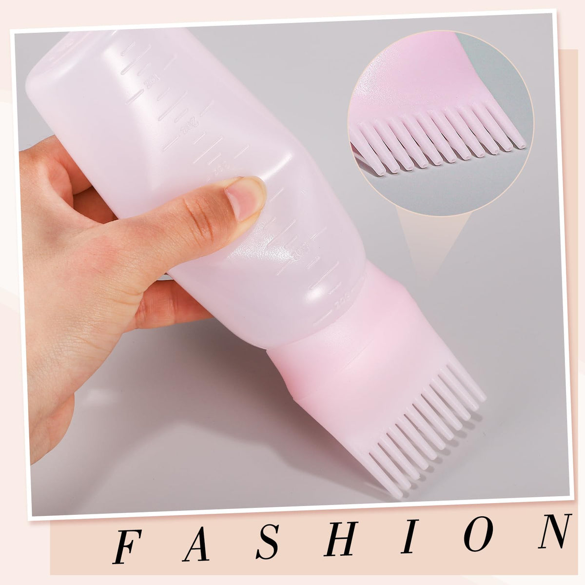 Side view of the six ounce graduated scale lines on the Pimoys hair dye applicator bottle.