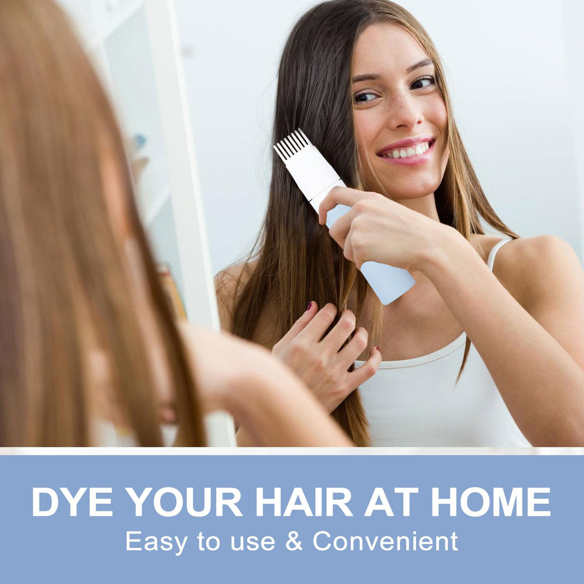 A person using the silicone root comb applicator to apply hair oil evenly along the scalp parting.