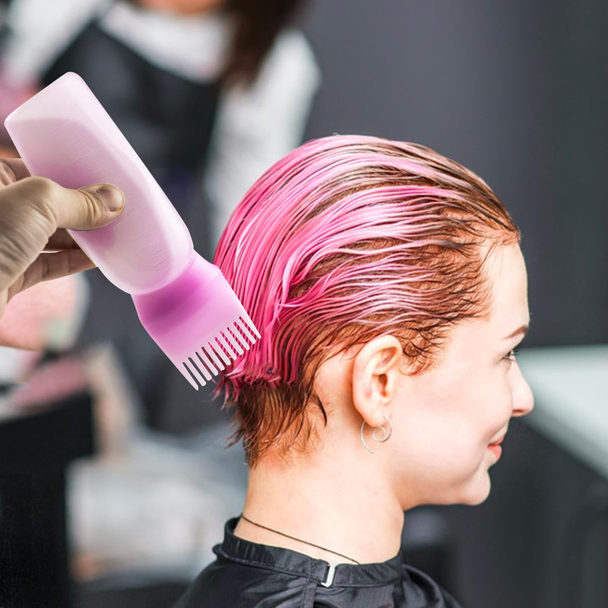 Two pack of pink six ounce root applicator bottles for salon and home use