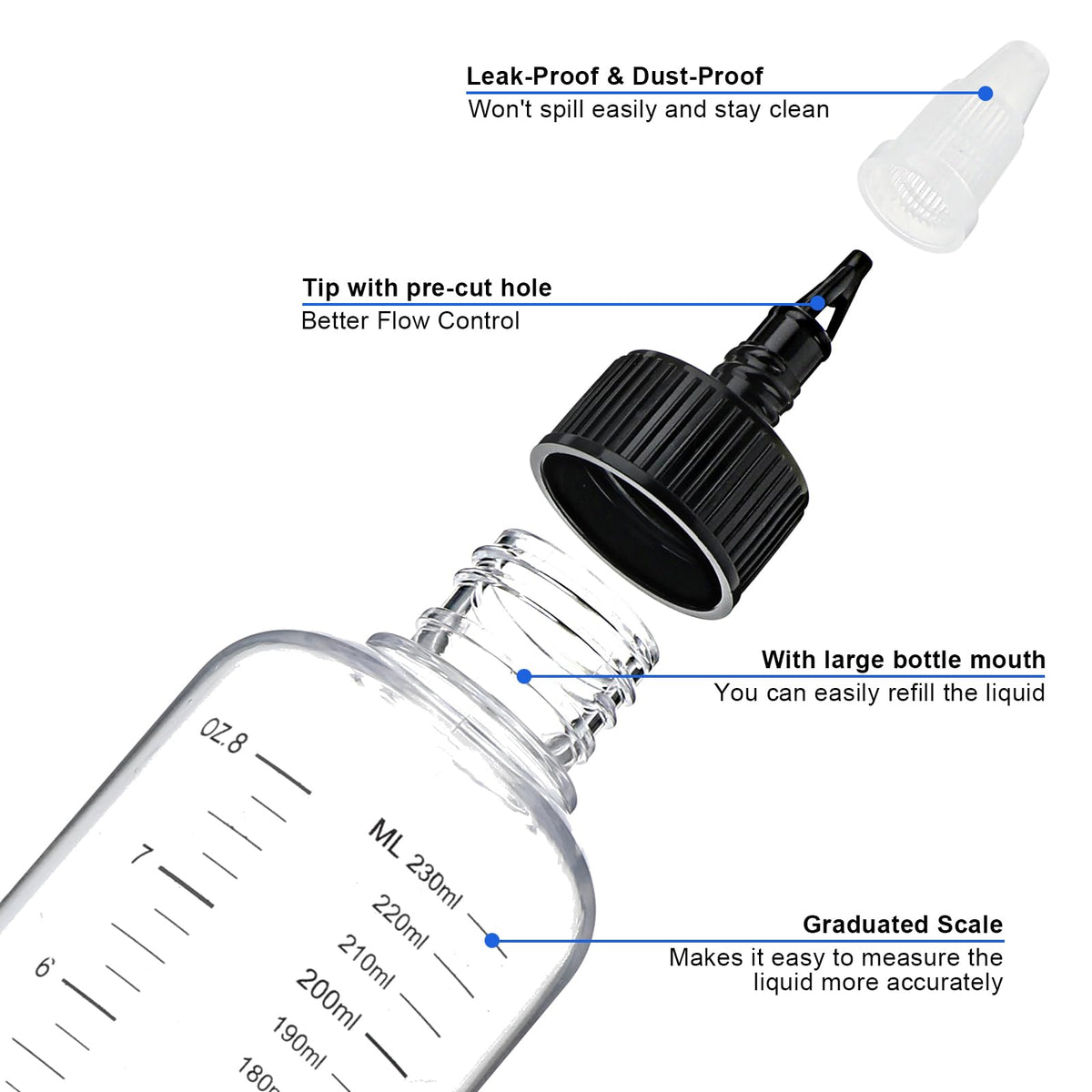 Close up view of the pointed mouth nozzle on the hair color applicator bottle for precise root placement.