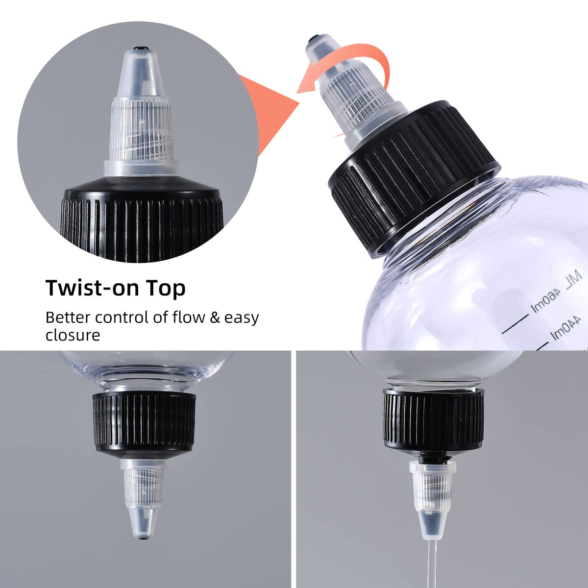 Detailed shot of the twist on top tip cap mechanism on the plastic bottle