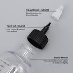 Side angle of the sixteen point nine fluid ounce hair color applicator bottle