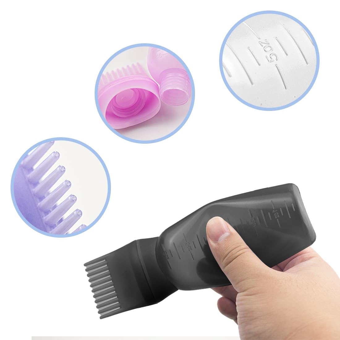 Purple plastic root comb dispenser bottle showing details of the scalp massaging teeth