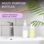 Two pack of BRIGHTFROM empty plastic bottles being used for precise hair coloring application